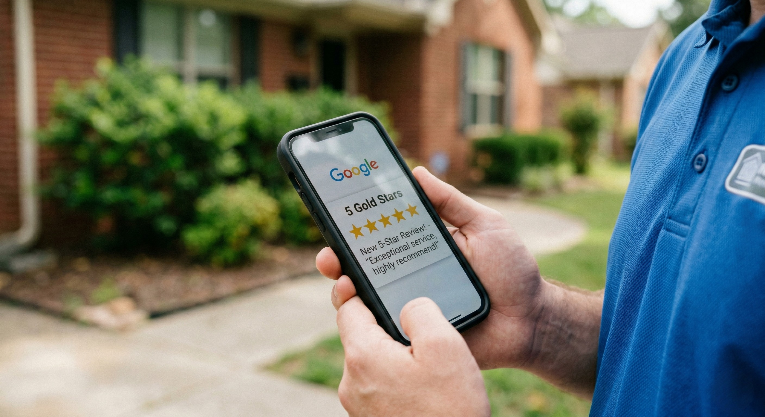 Service business contractor checking Google five star review on smartphone outside residential home