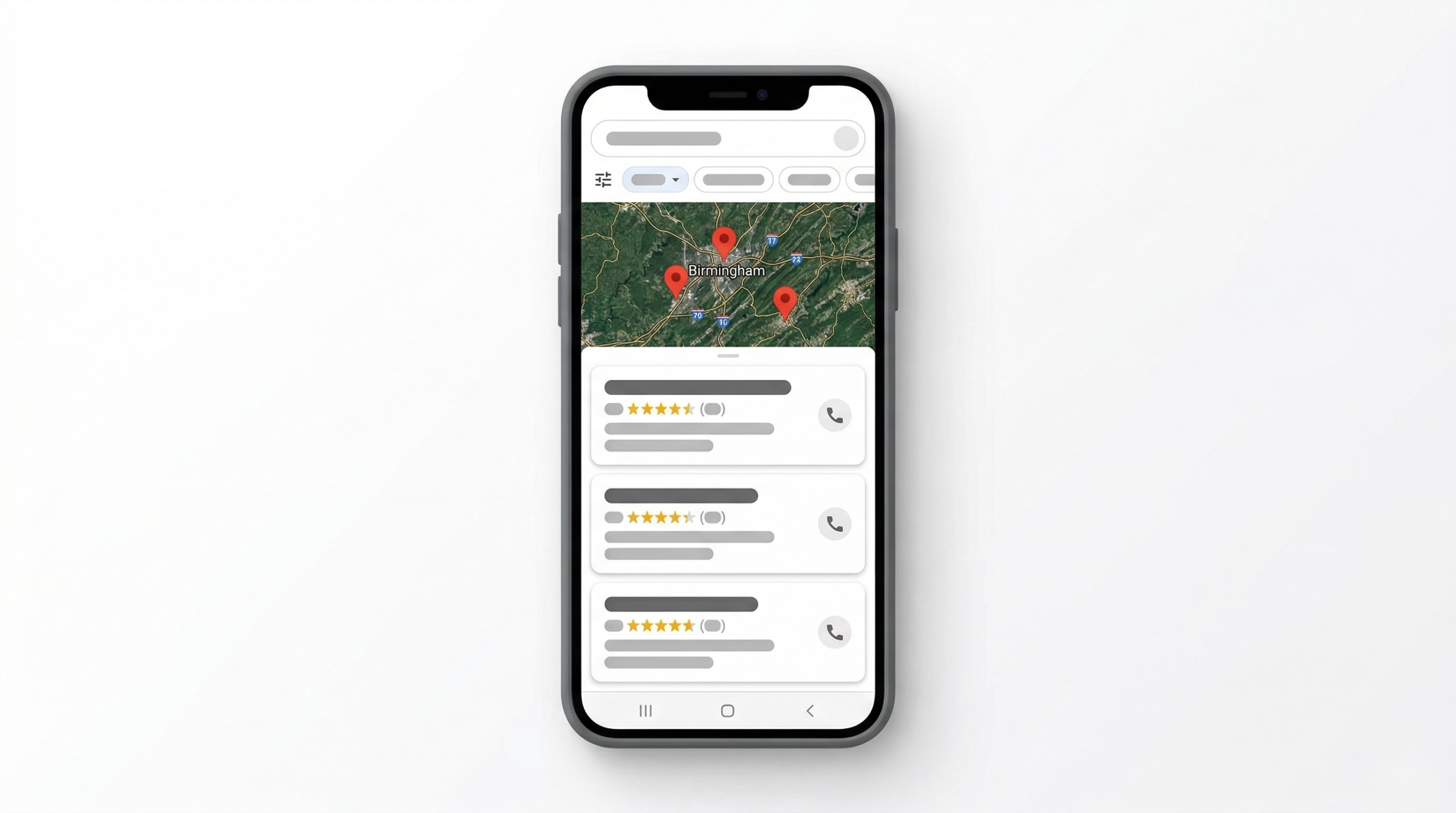 Google Map Pack search results showing three local service businesses ranking in Birmingham Alabama