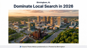 Birmingham Alabama skyline with local search and Google Maps concept for service businesses